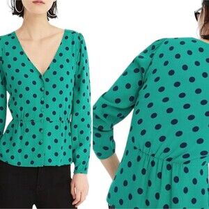 J.CREW GREEN NAVY CRAPE POLKA DOT CHIFFON PEPLUM TOP - 6